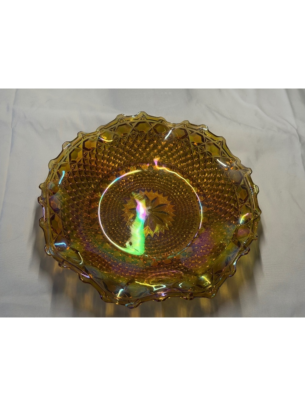 Indiana Glass Marigold Carnival Glass Diamond Point Star Bowl 11” Iridescent